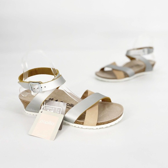 Birkenstock Shoes - Birkenstock Papillio Lola Metallic Platform Sandals Strappy 40 Silver Gold